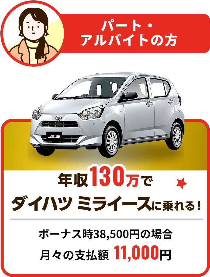 パート・アルバイトの方 年収130万でダイハツ ミライースに乗れる！ボーナス時38,500円の場合 月々の支払額 11,000円