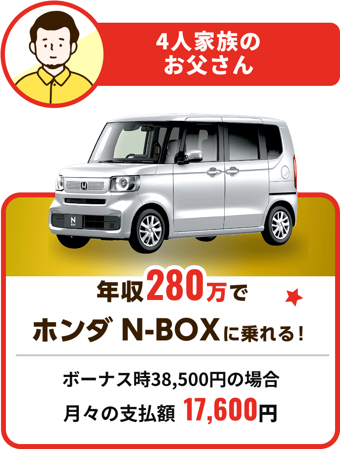 4人家族のお父さん 年収280万で ホンダ N-BOXに乗れる！ボーナス時38,500円の場合 月々の支払額 17,600円